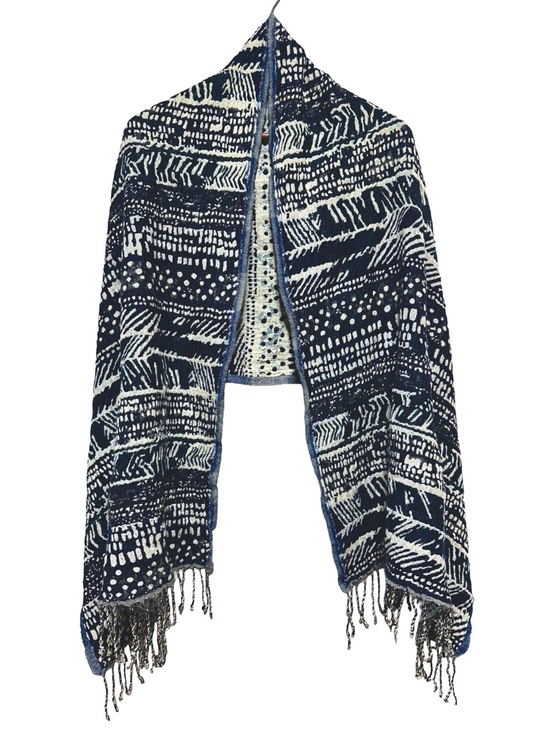 Wilfred Accessories - WILFRED Wool Scarf Tribal Indigo Boho Coastal Minimalist Fringe